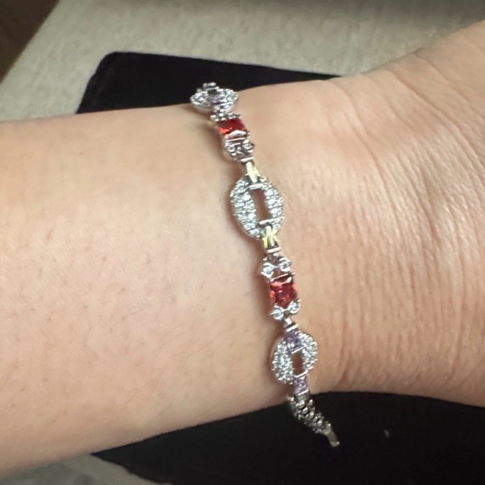 Silver Link‎ Bracelet with Red and white zirconias Stones